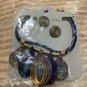 ELLY: Blue and Gold Necklace and Earring Set (NWT)